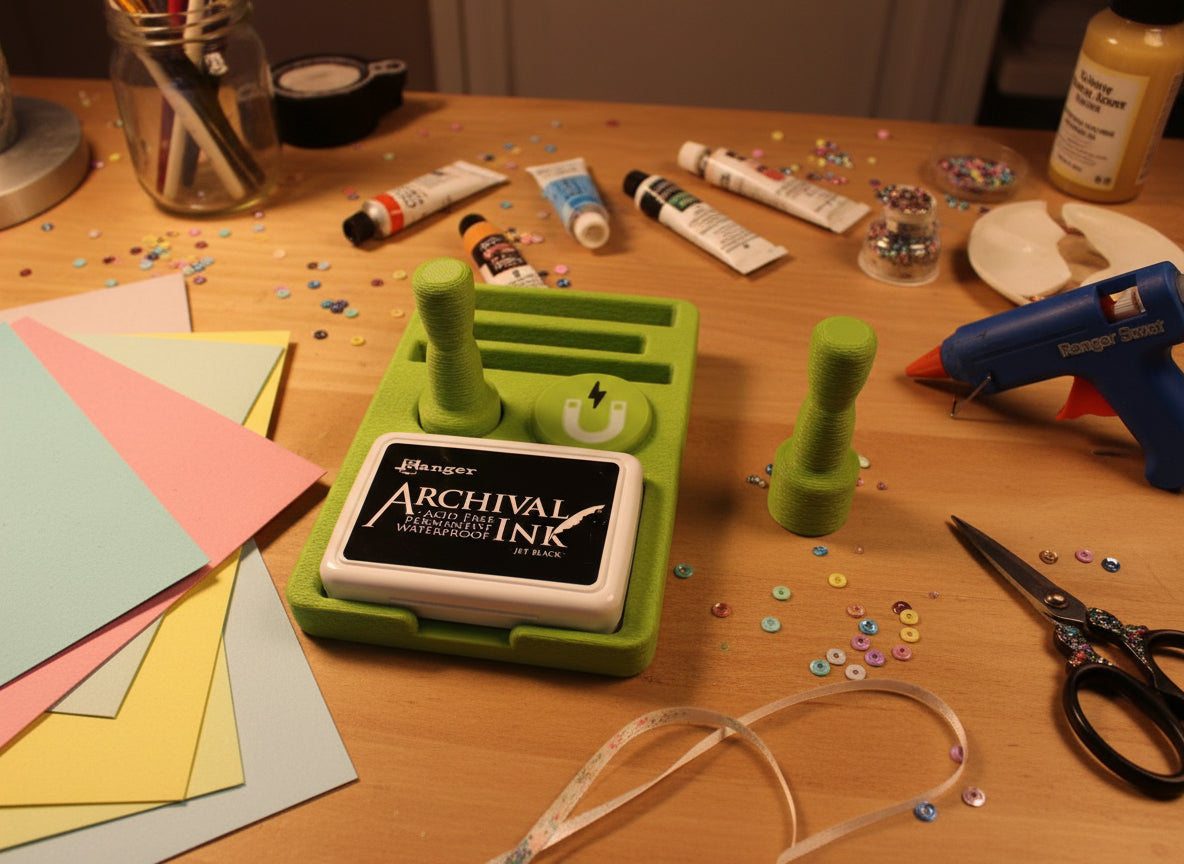 Green ink pad with 'Archival Ink' label on a white surface