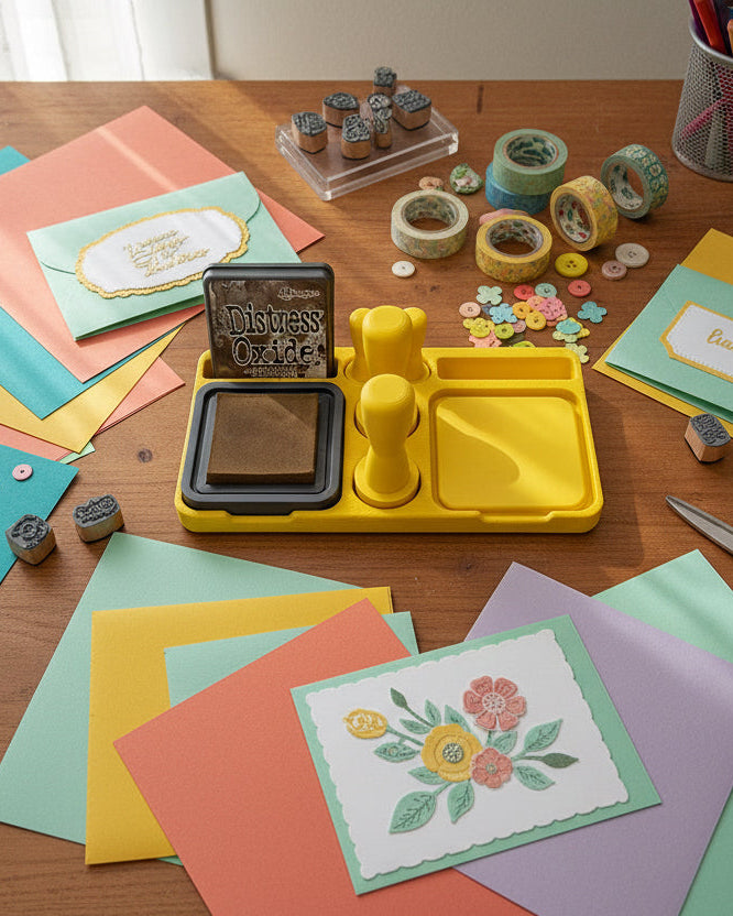 Yellow art supply set with 'Distress Oxide' packaging on a white background