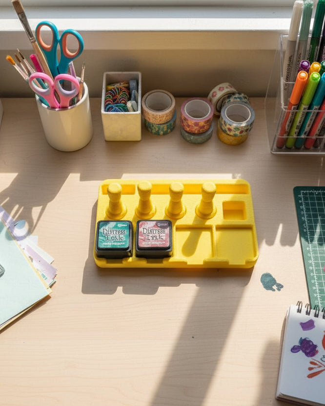 Yellow stamp holder with two small containers of ink on a white background