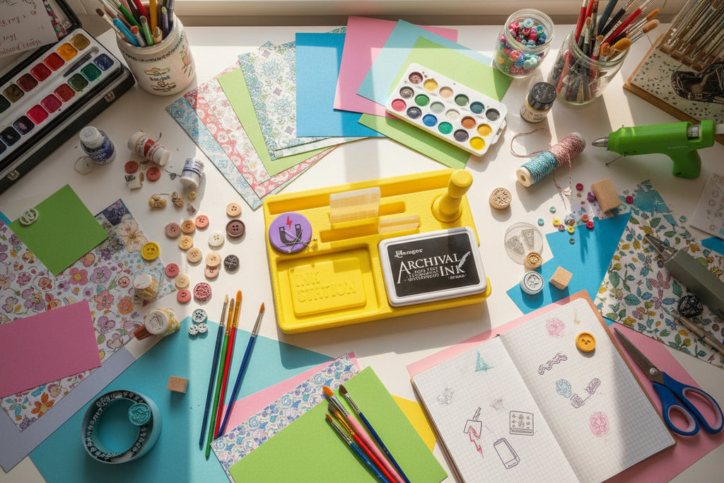 Yellow ink cartridge holder with archival ink cartridge on a white background