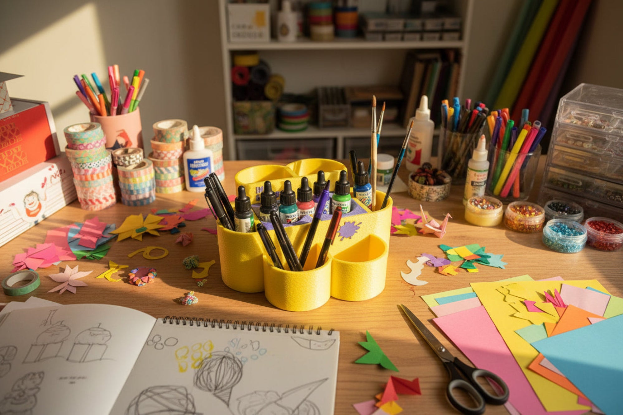 Yellow ink station with purple compartments on a white background