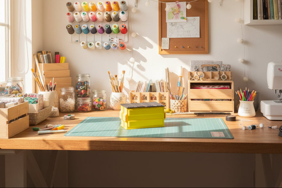 Yellow and black rectangular object on a white surface
