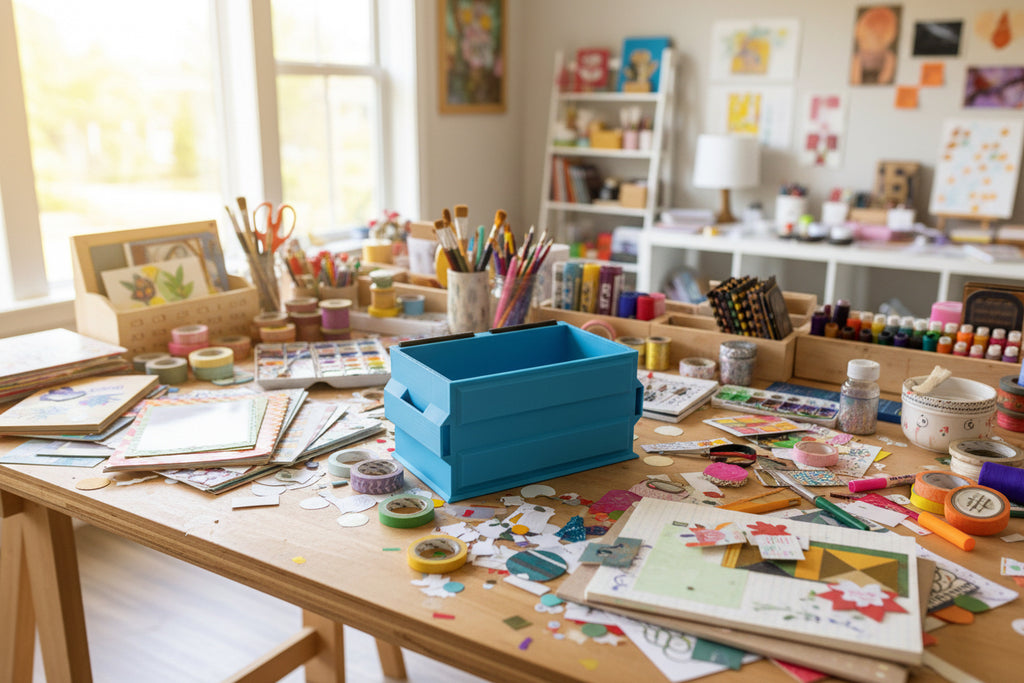 Blue storage bin on a white shelf