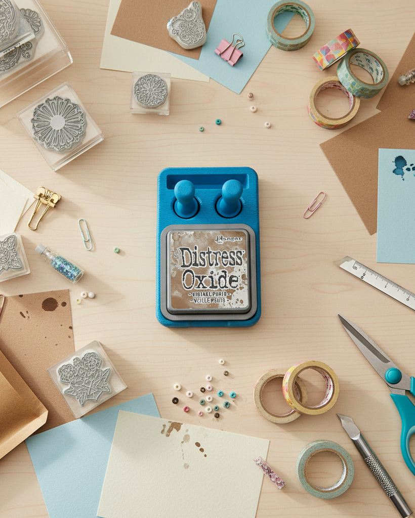 Distress Oxide stamp with blue handle on a white background