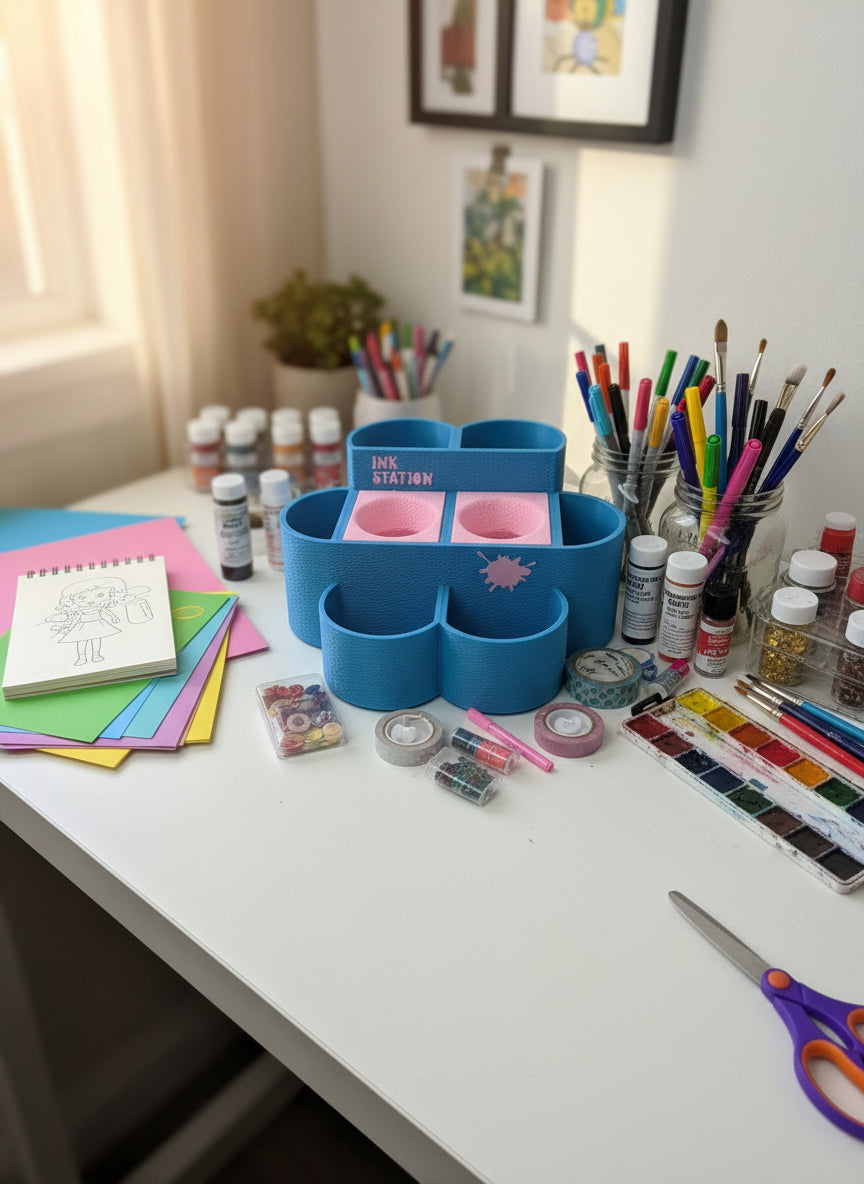 Blue ink station with pink ink pads on a white background