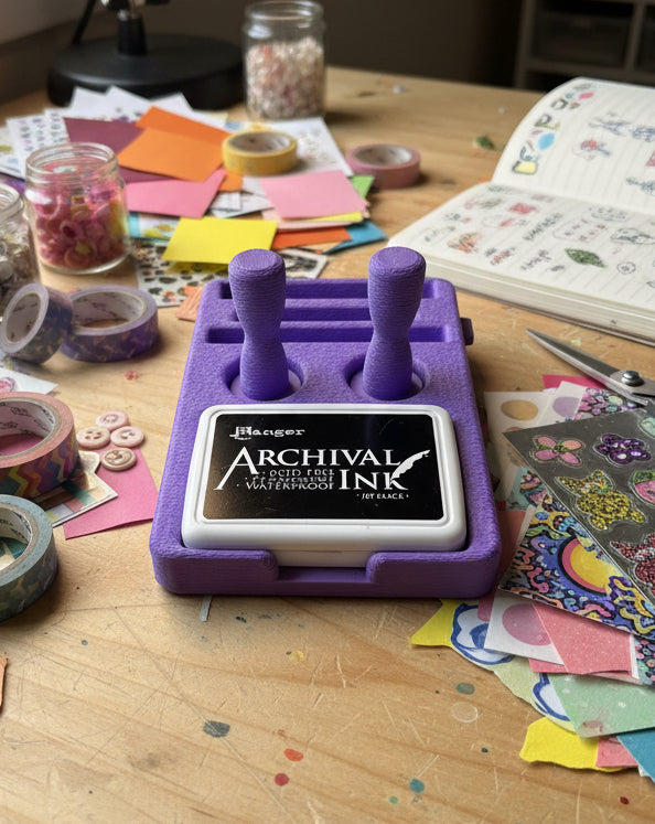 Purple ink pad with 'Ranger' archival ink cartridge on a white background