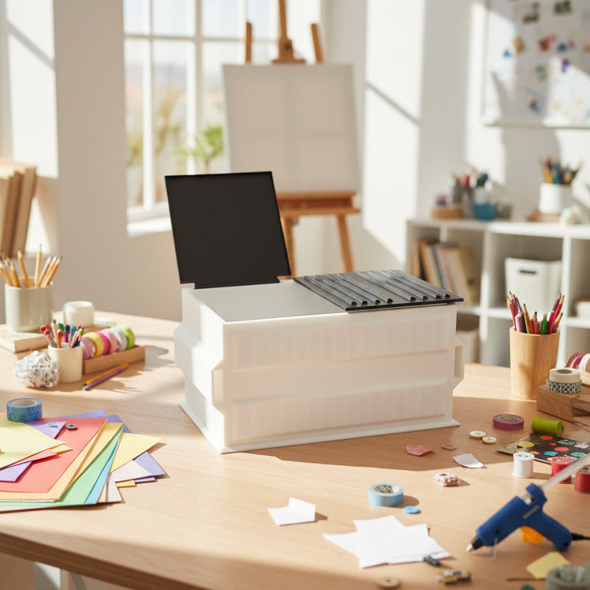 White rectangular box with black covers on a blue background