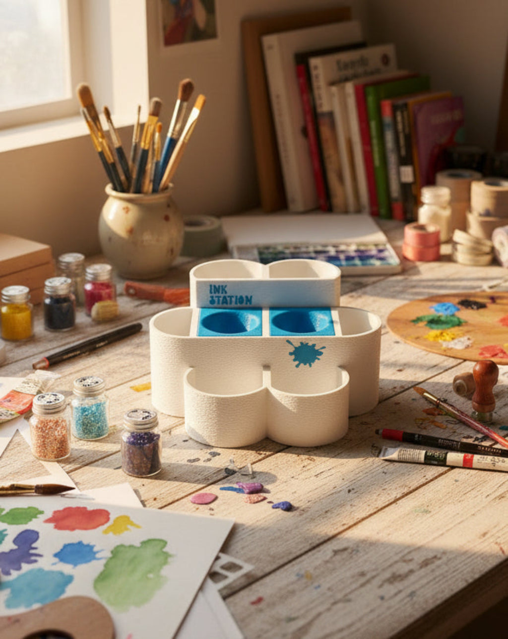 White ink station with blue compartments on a white background