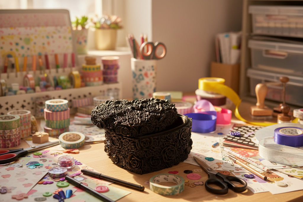Black floral-patterned box on a crafty desk.