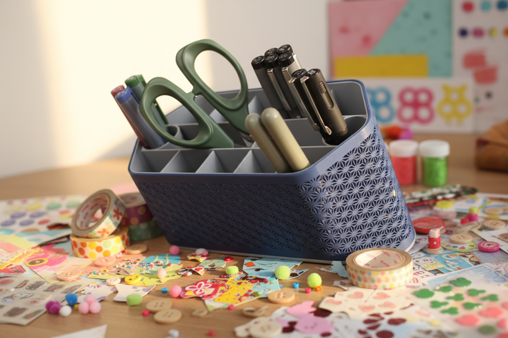 Blue and white geometric-patterned desk organizer with stationery items on a black background