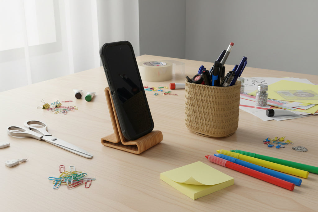 Phone case on a stand with a white background