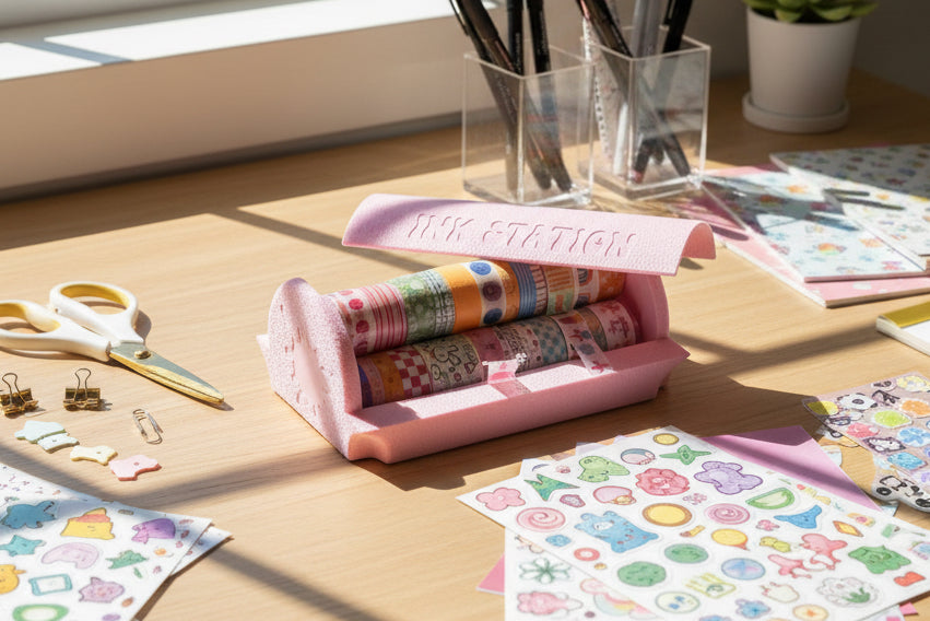 Pink stationery set with colorful items on a white background