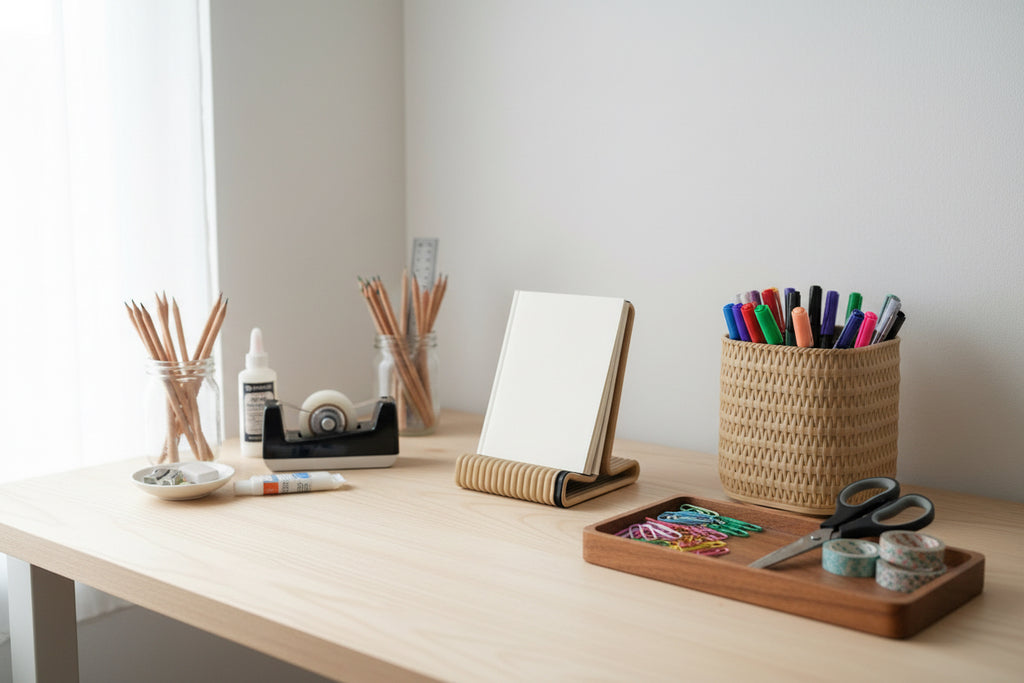 Two woven baskets with pens and a cloth on a white shelf.